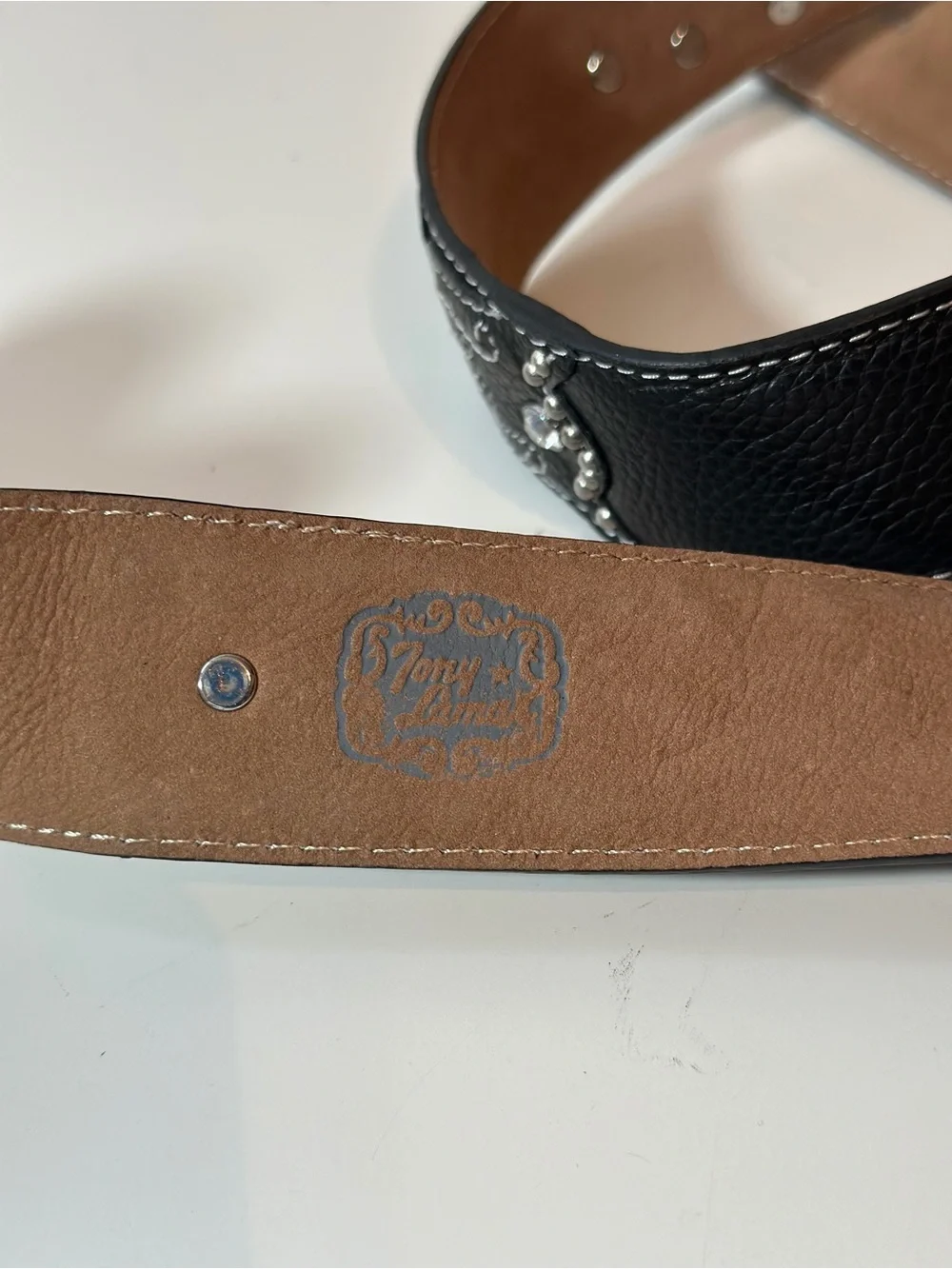 Tony Lama Black Leather Western Belt Crystal Silver Buckle Size 32 1.5